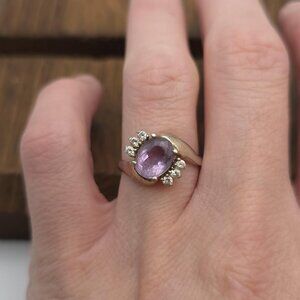 Size 7.25 Sterling Silver Worn Amethyst And CZ Gemstones Ring A1151